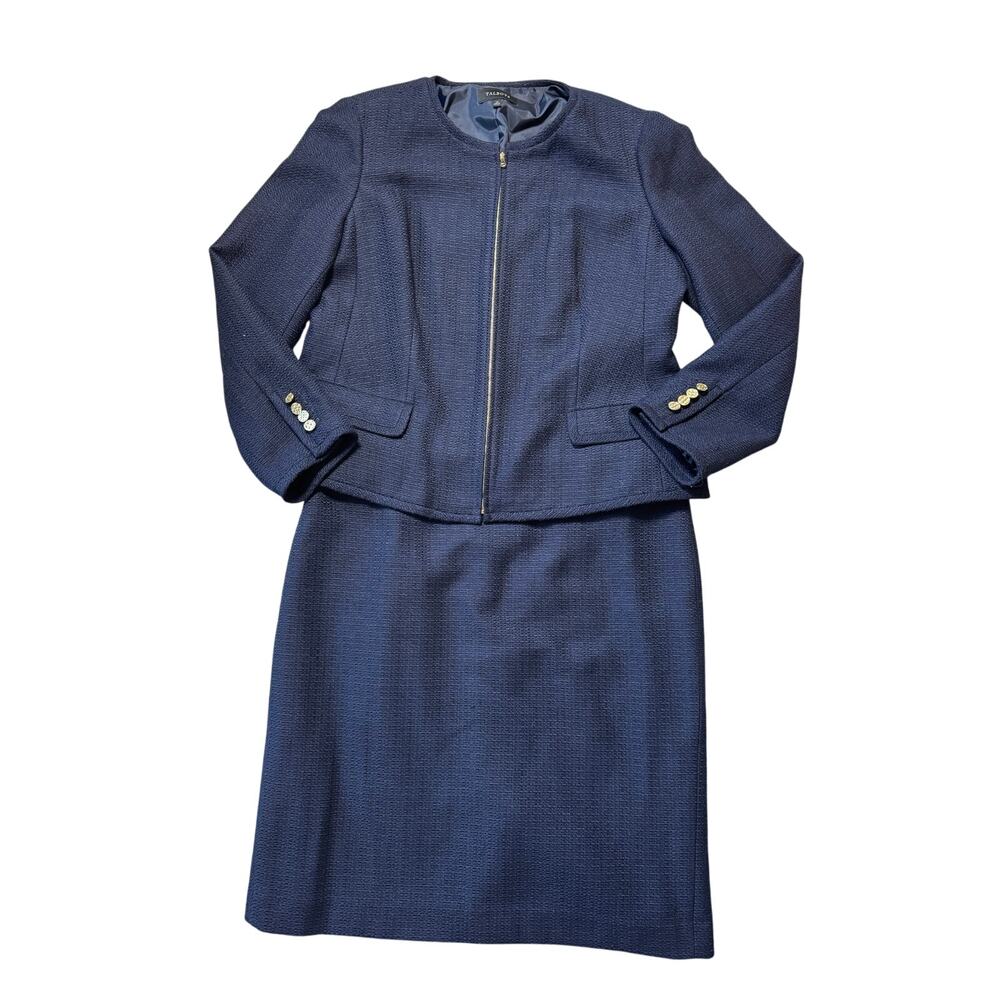 Talbots Women 16 Blue Tweed Textured Collarless Full Zip Skirt Suit Professional